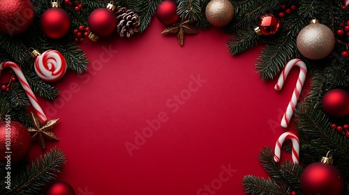 Christmas background with candy canes, pine branches, and decorations in a red background with a Christmas tree and candy cane decorations. Mockup template for an advertising card, web poster, flyer.