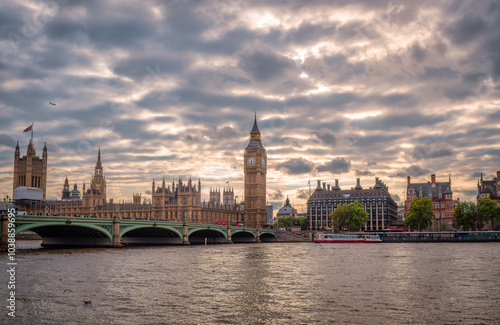 London, UK - September 4 2015: Westminster Bridge, Big Ben and the Houses of Parliament seen from the Southbank, at sunset.