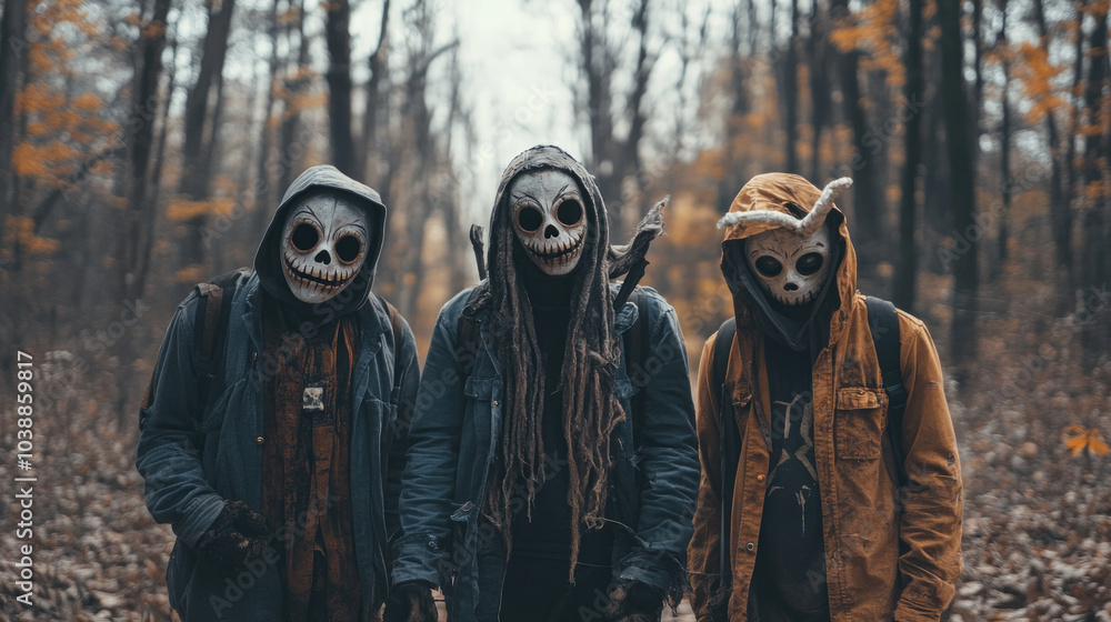 Fototapeta premium Three mysterious figures wearing creepy masks stand closely together in a shadowy forest, creating an eerie, atmospheric scene that invokes a sense of mystery and intrigue.