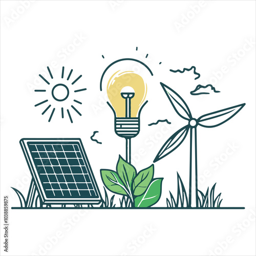 Create a detailed line art illustration representing the concept of sustainable energy. The image should include elements like a solar panel,
