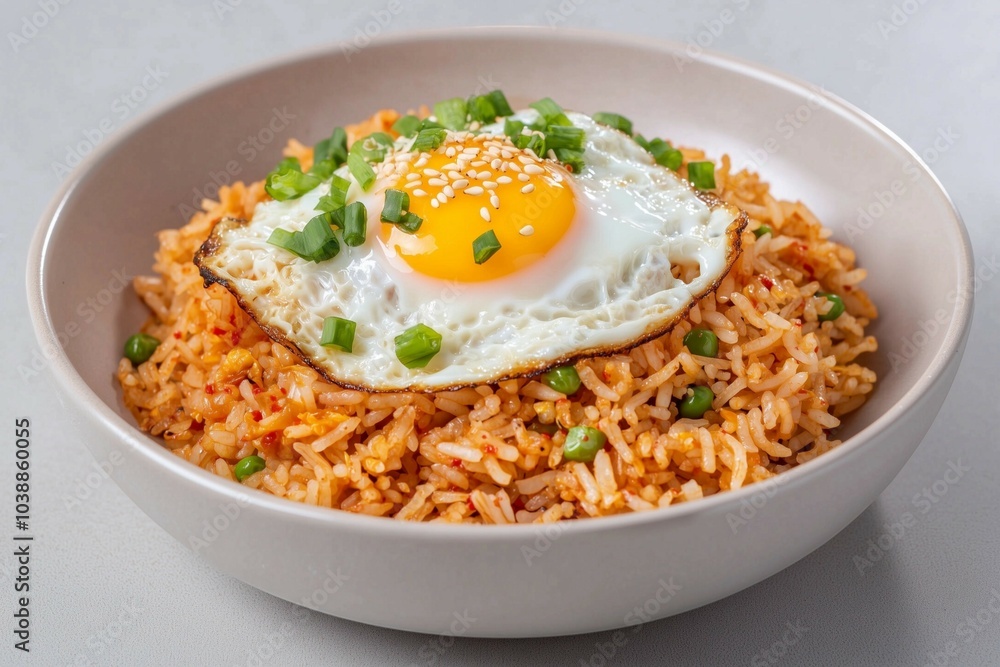 Delicious Korean Kimchi Fried Rice Topped with a Sunny-Side-Up Egg and Garnished with Sesame Seeds Delicious Korean Kimchi Fried Rice Topped with a Sunny-Side-Up Egg and Garnished with Sesame Seeds