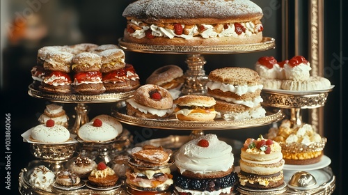 an etagere of the ritz london with 3 levels. photographed from a frontal shot. all 3 levels of the etagere have either little snadwiches or scones on it.