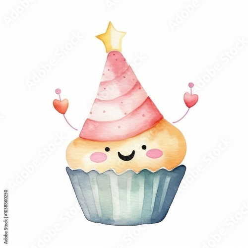 Cute Watercolour of A cupcake wearing a party hat and dancing, isolated on the white background