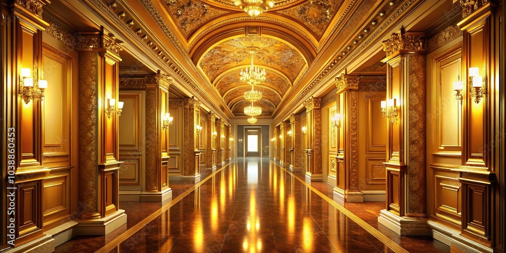 Obraz premium A breathtaking 3D illustration of a luxurious golden hallway, featuring elegant lighting, perfect for enhancing visual projects and creating striking backgrounds.