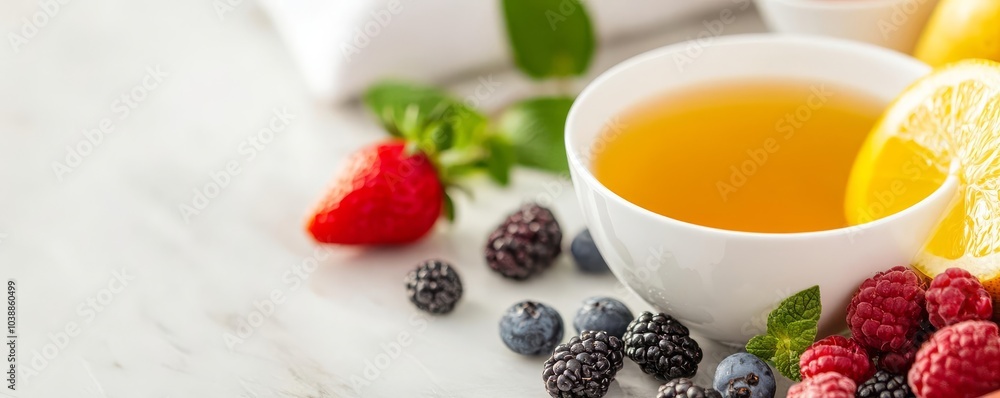Fresh fruit and herbal tea displayed at a spa retreat, wellness and nutrition Fresh fruit and herbal tea displayed at a spa retreat, wellness and nutrition