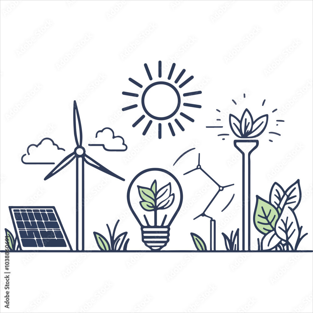 Naklejka premium Create a detailed line art illustration representing the concept of sustainable energy. The image should include elements like a solar panel,