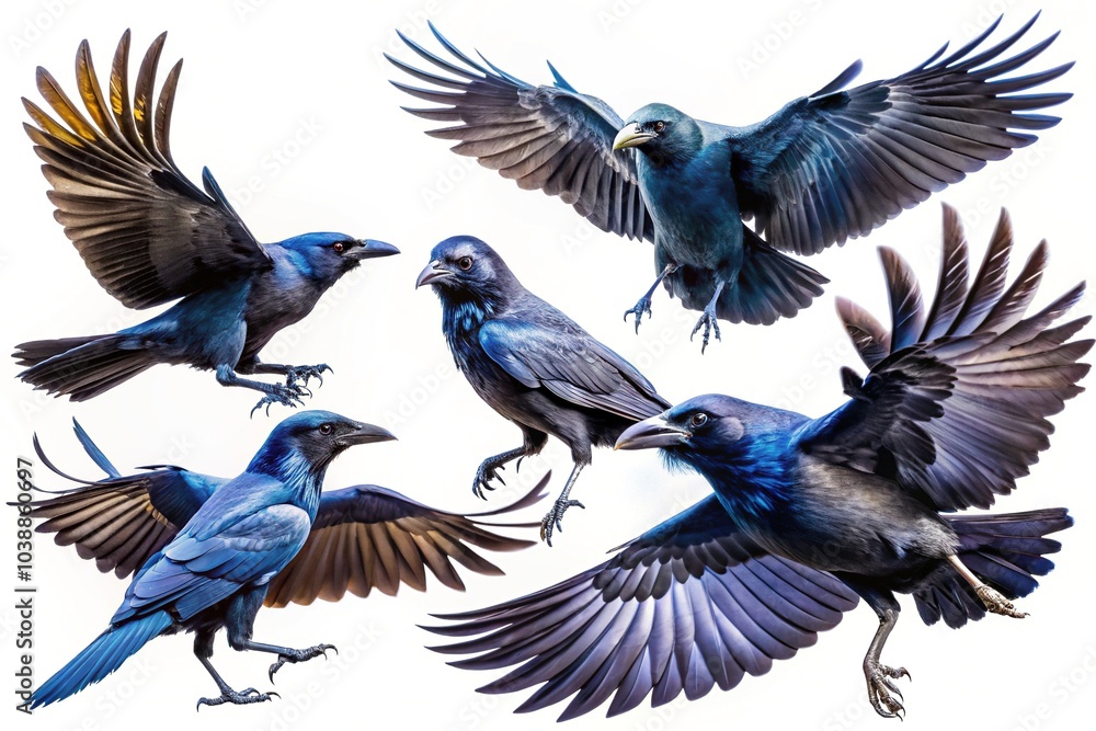 Obraz premium A captivating collection of black ravens and crows soaring gracefully through the sky, isolated against a pristine white background, perfect for nature and wildlife photography.