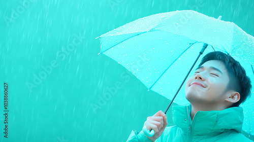 A young man enjoying a refreshing rain shower while holding a light blue umbrella outdoors photo