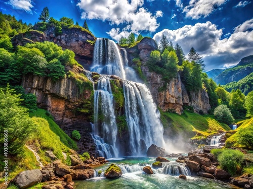 A breathtaking waterfall plunges down rugged mountain cliffs, embraced by vibrant greenery under a brilliant blue sky, creating a serene and picturesque natural landscape.