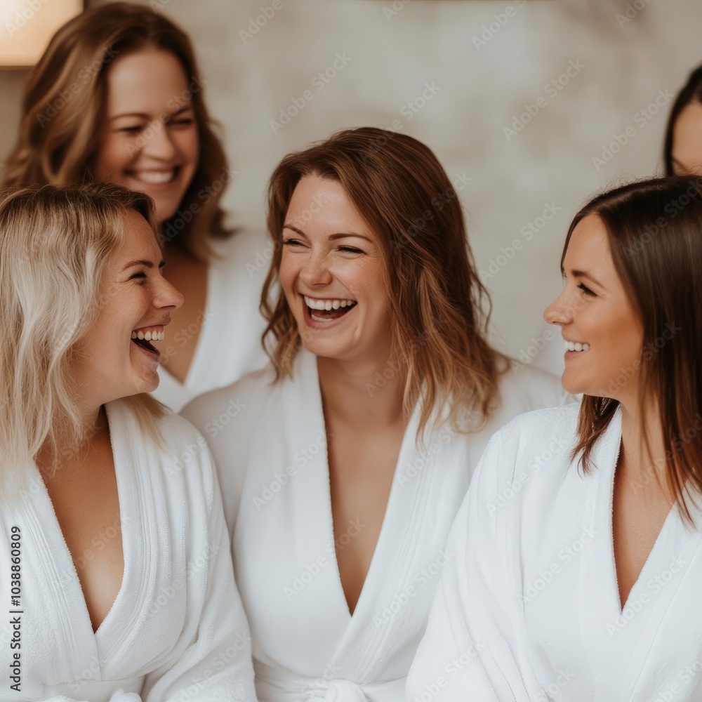 Group of friends laughing and bonding in white robes at a spa retreat Group of friends laughing and bonding in white robes at a spa retreat