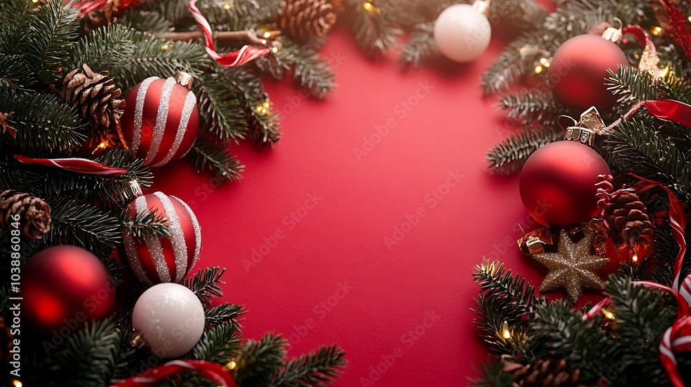 Christmas background with candy canes, pine branches, and decorations in a red background with a Christmas tree and candy cane decorations. Mockup template for an advertising card, web poster, flyer. Christmas background with candy canes, pine branches, and decorations in a red background with a Christmas tree and candy cane decorations. Mockup template for an advertising card, web poster, flyer.