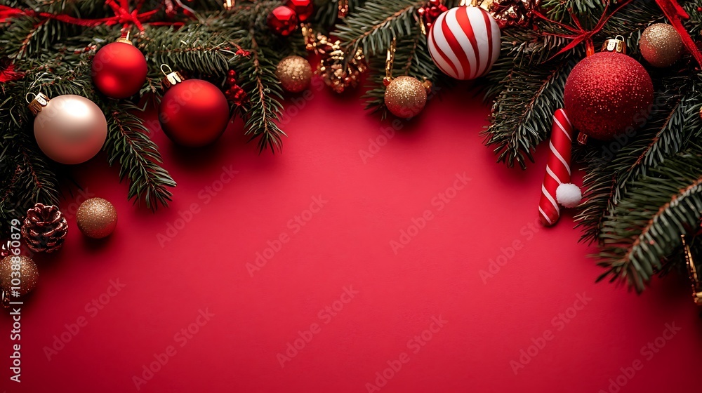 Christmas background with candy canes, pine branches, and decorations in a red background with a Christmas tree and candy cane decorations. Mockup template for an advertising card, web poster, flyer. Christmas background with candy canes, pine branches, and decorations in a red background with a Christmas tree and candy cane decorations. Mockup template for an advertising card, web poster, flyer.