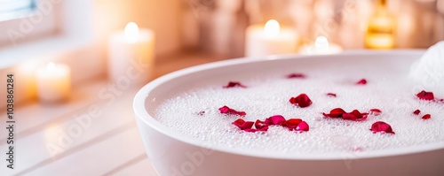 Luxurious bubble bath with rose petals in a candle-lit spa suite