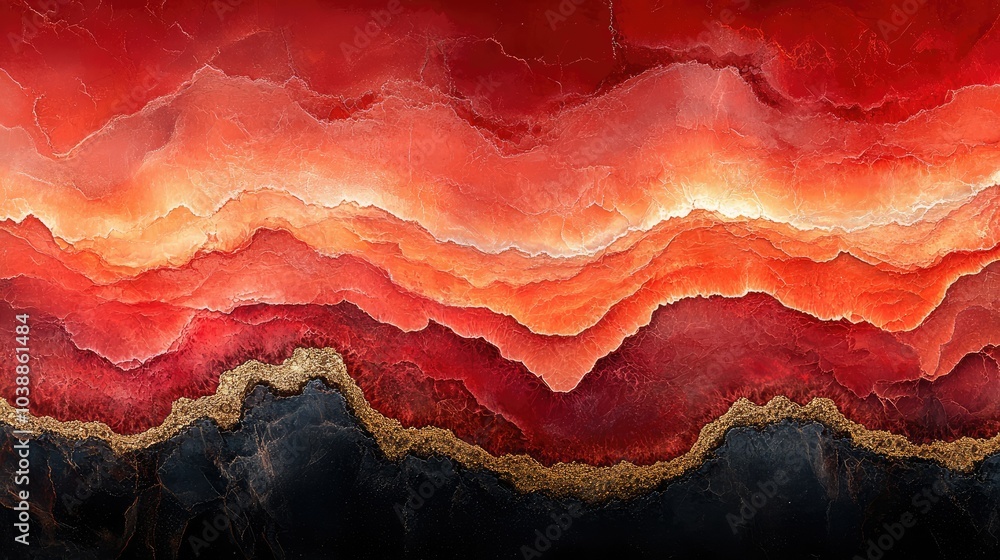 Abstract red and gold background resembling a sunset over a canyon, with golden glitter veins Abstract red and gold background resembling a sunset over a canyon, with golden glitter veins