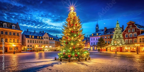 A dazzling Christmas tree lights up the town square at night, casting a enchanting holiday spirit that everyone can appreciate and revel in together.