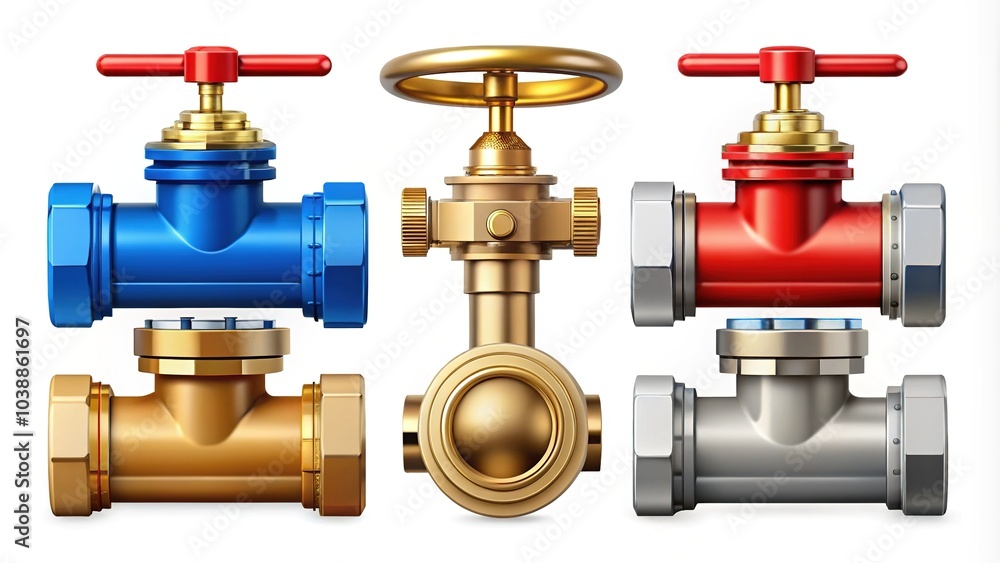 A diverse collection of vector icons featuring valve taps and pipe connectors designed for plumbing details, set against a clean white background. Ideal for technical illustrations. A diverse collection of vector icons featuring valve taps and pipe connectors designed for plumbing details, set against a clean white background. Ideal for technical illustrations.