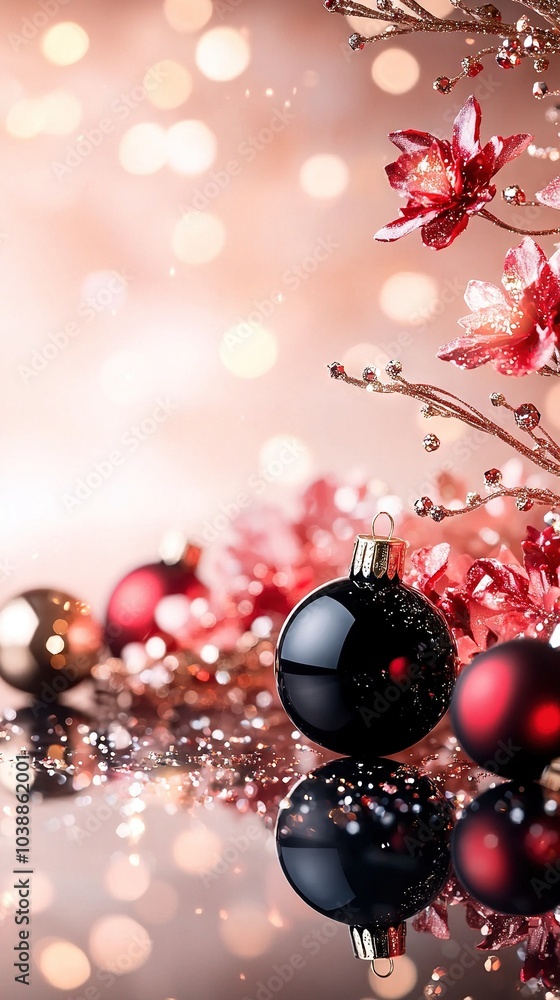 Black-and-red Christmas ornament atop white-and-red Christmas tree Black-and-red Christmas ornament atop white-and-red Christmas tree