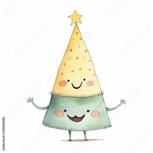 Cute Watercolour of A cupcake wearing a party hat and dancing, isolated on the white background
