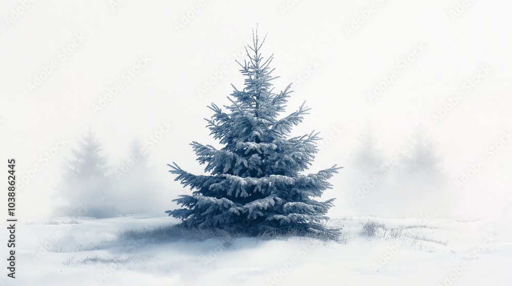 A small pine tree is standing in the snow A small pine tree is standing in the snow
