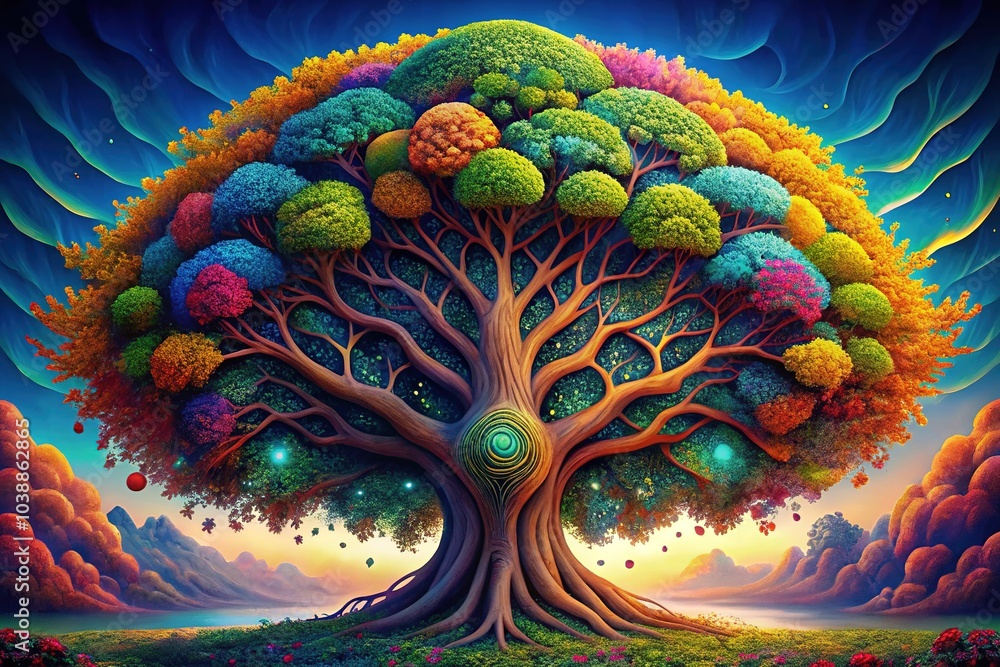 Obraz premium A magnificent Tree of Life representing uniqueness, abundance, and personal growth, perfect for spiritual and nature-themed designs that celebrate the essence of life.