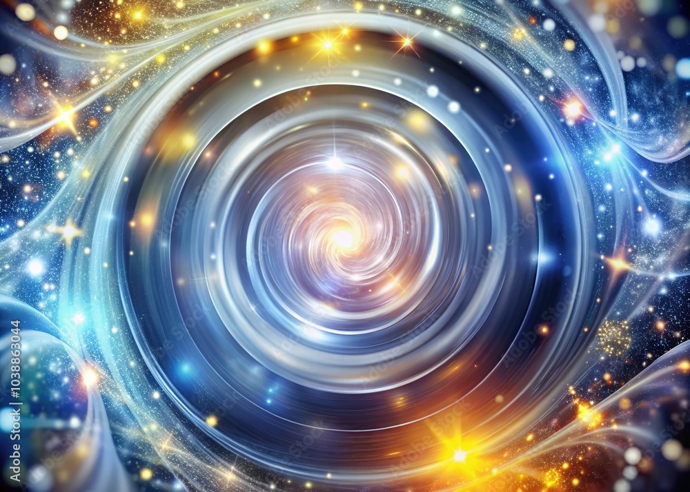 Obraz premium A mesmerizing silver spiral design featuring glowing particles and circles, creating an entrancing energy effectâ€”perfect for a captivating outer space science poster.