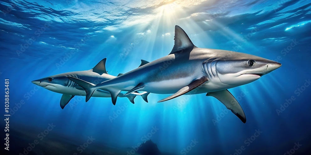 Fototapeta premium A pair of grey sharks, Carcharhinus amblyrhynchos, glides elegantly through the crystal-clear blue waters of the ocean, showcasing their grace and beauty in harmony.