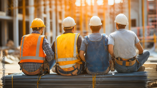 Workers sitting on break at a construction site, where engineers industry employees, builder team up male architects and laborers rest together outdoors, during their job project photo