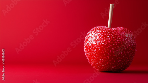Halloween banner with copy space, candy apple, caramelized with glaze, vibrant red background