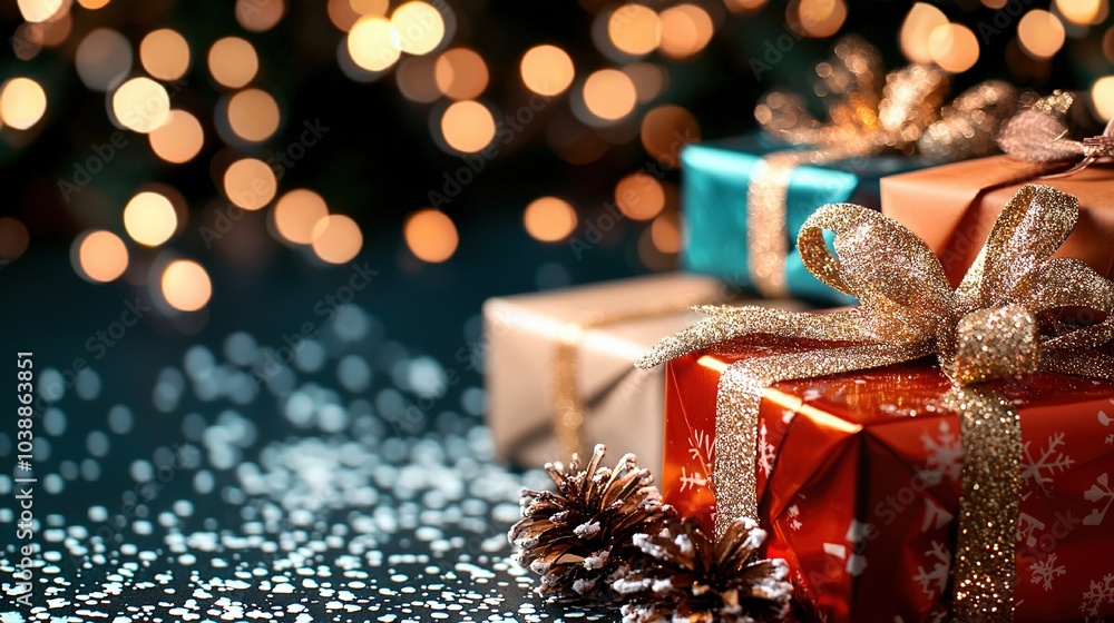 A Christmas present with pine cones on both sides A Christmas present with pine cones on both sides