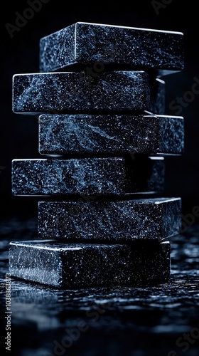  A pile of ebony marble squares resting beside a monochrome avian photograph on a tabletop