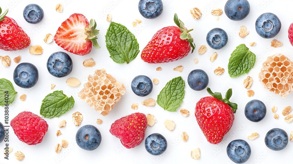 Blueberries, strawberries, and raspberries are arranged on a white surface, surrounded by leaves and granola Blueberries, strawberries, and raspberries are arranged on a white surface, surrounded by leaves and granola