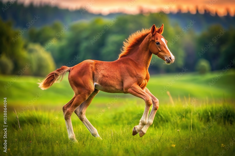 Fototapeta premium A small red foal gallops joyfully alone in a lush green field, showcasing its beauty and spirit in the serene embrace of nature's landscape.