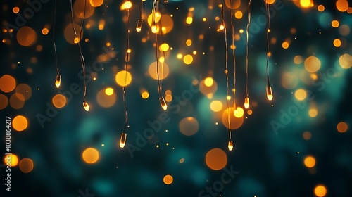 A dark teal background softly lit by strands of hanging string lights in warm yellow and orange hues, with delicate bokeh in the distance for a peaceful evening glow.