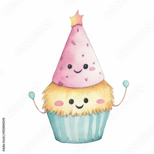 Cute Watercolour of A cupcake wearing a party hat and dancing, isolated on the white background