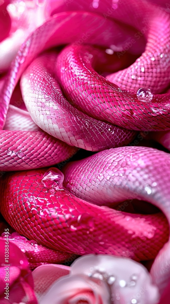 Fototapeta premium A zoomed-in view of a pink serpent with dewdrops adorning its scales and a nearby rose in the backdrop