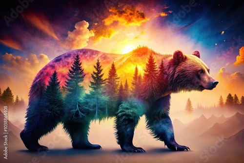 A striking bear silhouette embodies the spirit of nature, highlighting the beauty of wildlife through vibrant digital artistry and inspiring a deep connection with the outdoors.