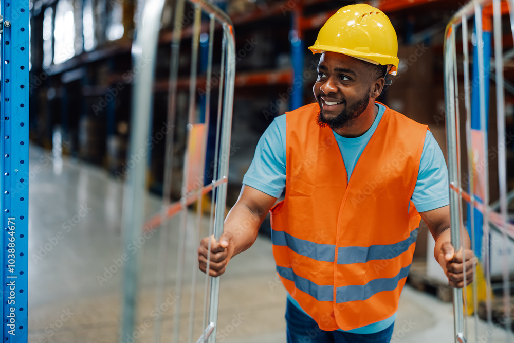 Warehouse worker pushing cart smiling at camera Warehouse worker pushing cart smiling at camera