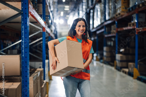 Fotografía Female warehouse worker carrying cardboard box and smiling at logistics center