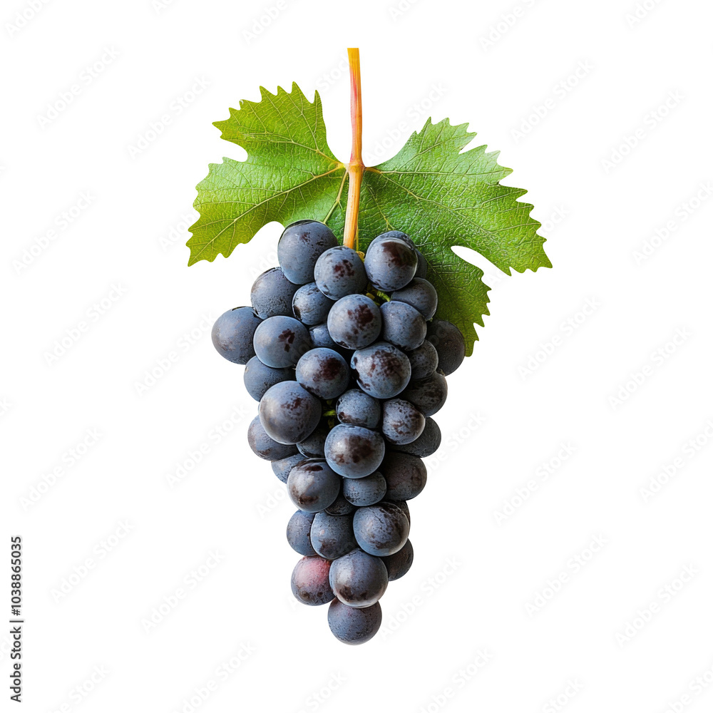 Fototapeta premium Blue grapes bunch isolated on white background. Generative AI