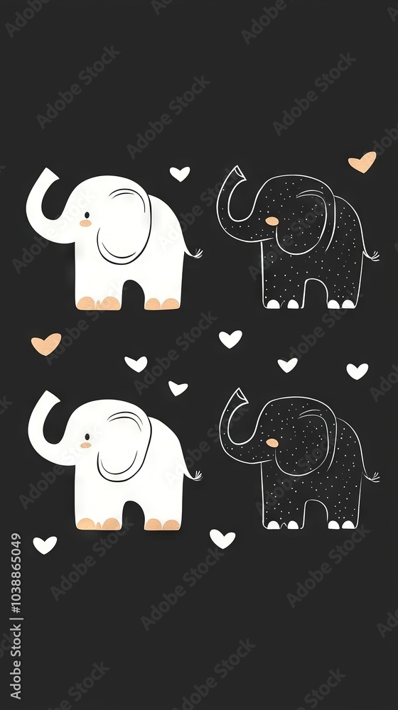 An image of two elephants standing together against a dark backdrop, surrounded by heart shapes An image of two elephants standing together against a dark backdrop, surrounded by heart shapes