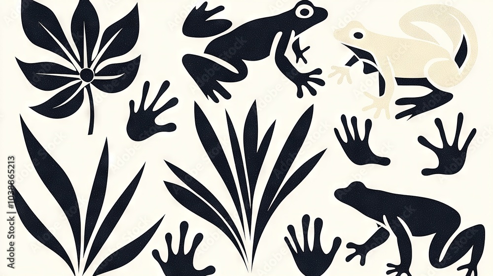 A black and white photo of a frog perched atop a leaf, another frog on a plant, and yet another frog sitting on a leaf A black and white photo of a frog perched atop a leaf, another frog on a plant, and yet another frog sitting on a leaf