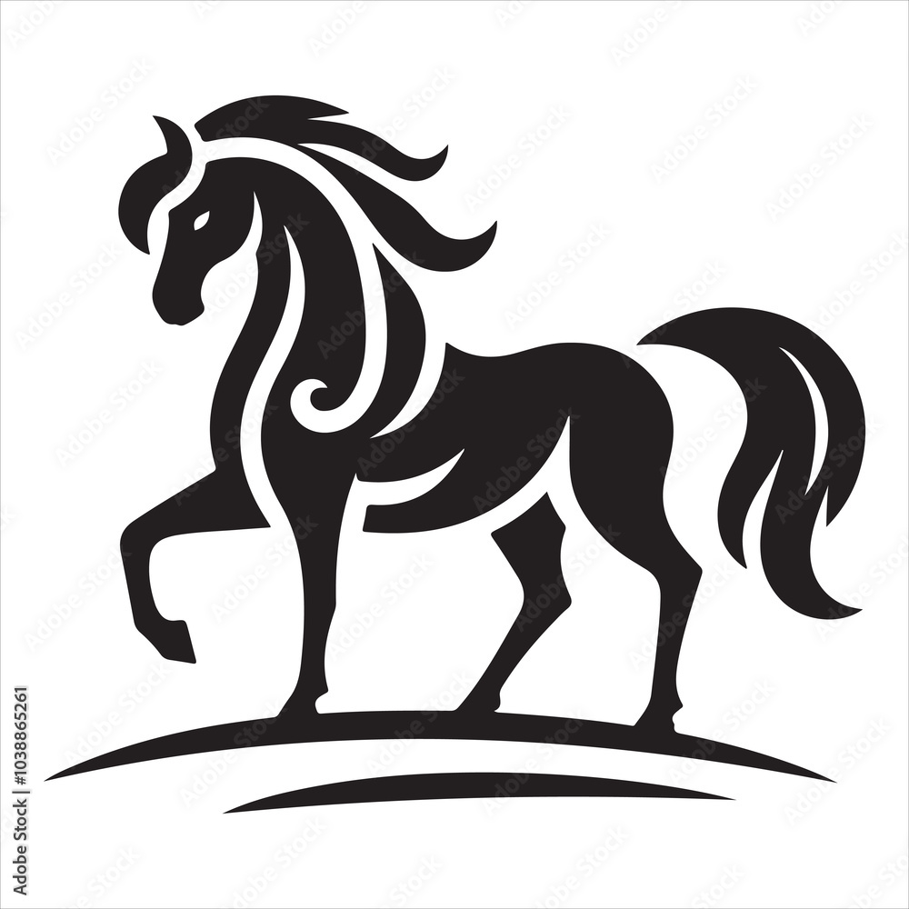 An illustration of a horse with a mane and tail in black and white An illustration of a horse with a mane and tail in black and white