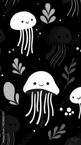   Black and white pattern featuring jellyfish and plants against a black backdrop with a white border outlining a happy jellyfish photo