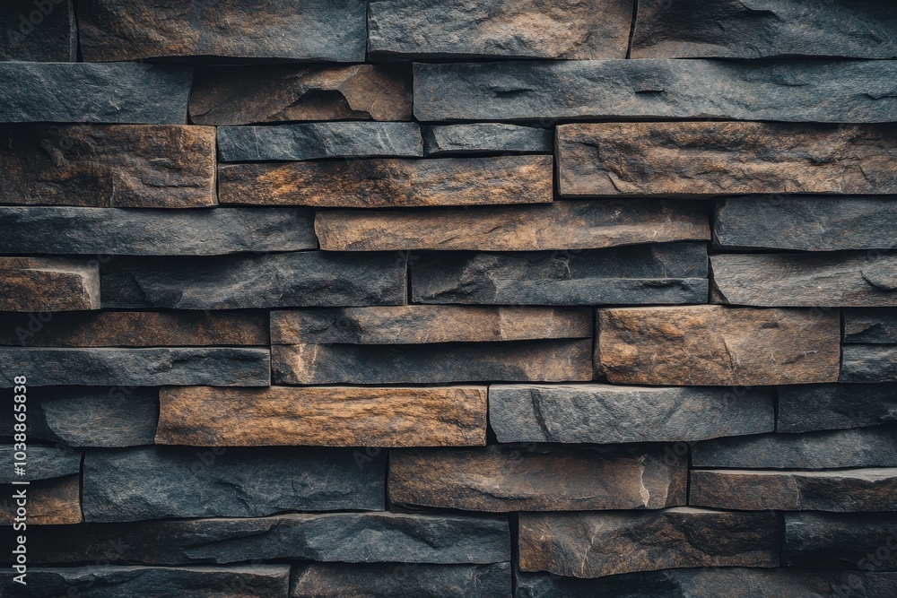 Exterior wall of stacked striped natural brown rock panels Exterior wall of stacked striped natural brown rock panels