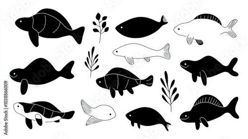  Black and white fish group on white background with a plant in front and additional fish in back