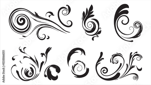 Set of vector black swirls on a white background,