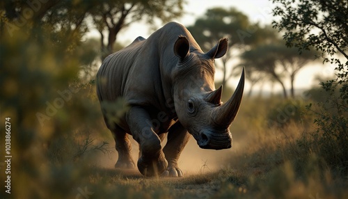 La silhouette massive du rhinocéros se dessine à l'horizon, alors qu'il continue sa marche, imperturbable face aux défis du désert.