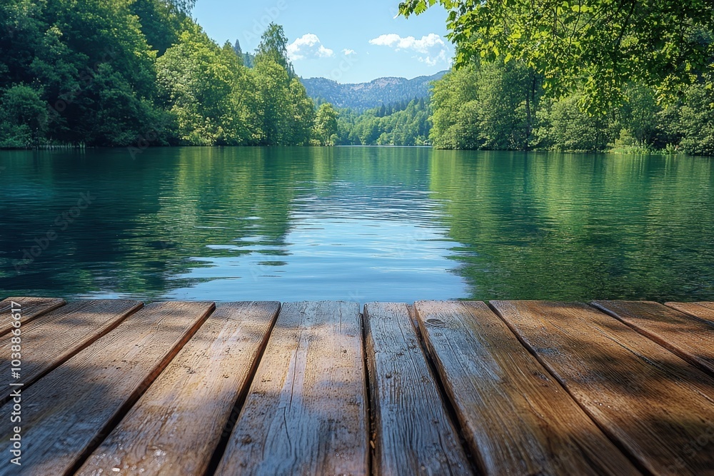 Calm lake view from a wooden dock surrounded by trees and mountains on a sunny day Calm lake view from a wooden dock surrounded by trees and mountains on a sunny day