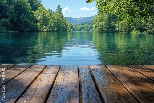 Fototapeta Naklejka Na Ścianę i Meble -  Calm lake view from a wooden dock surrounded by trees and mountains on a sunny day