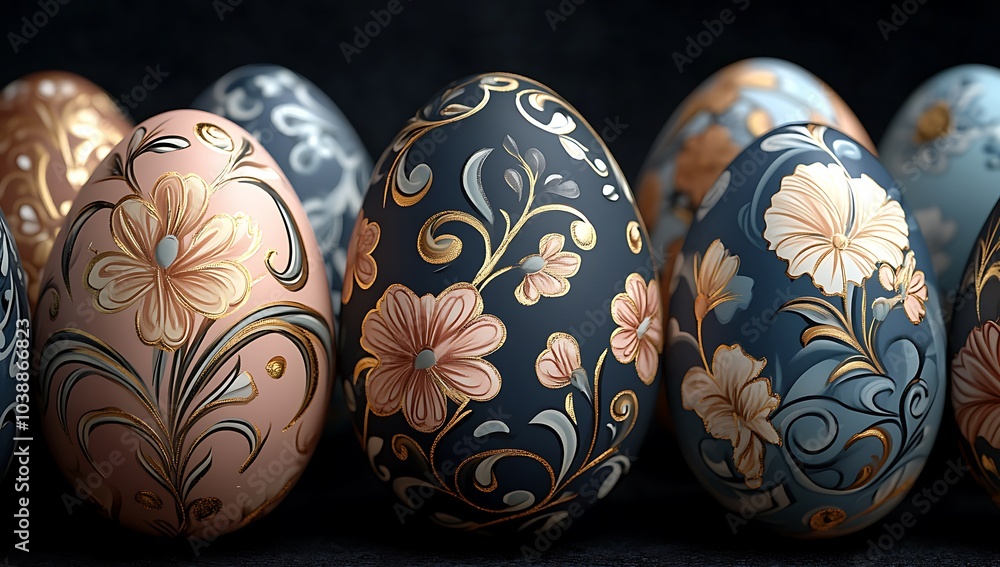 A Close-Up collection of painted Easter Eggs with floral Patterns. The eggs are of different colors and sizes and they are arranged in a way that creates a visually appealing display. AI generated A Close-Up collection of painted Easter Eggs with floral Patterns. The eggs are of different colors and sizes and they are arranged in a way that creates a visually appealing display. AI generated